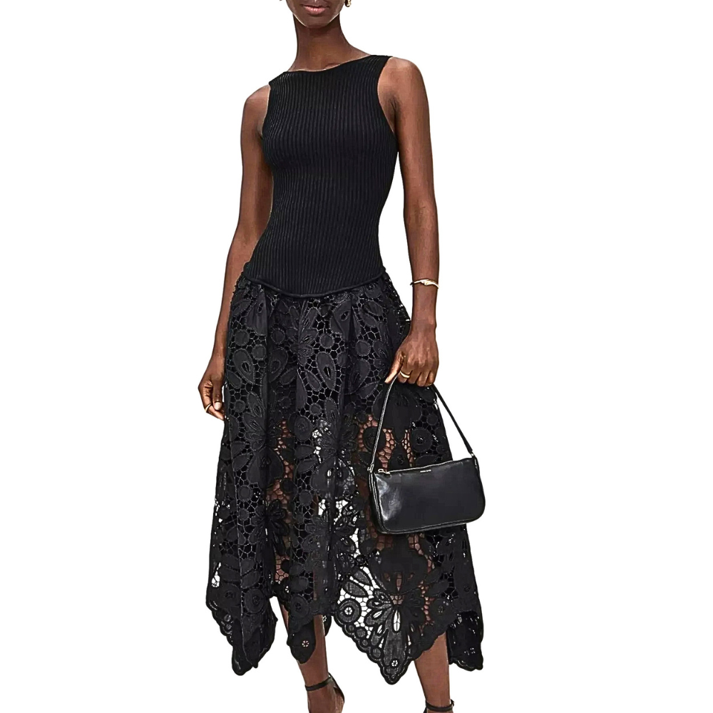 Black Midi Party Dress Crochet Skirt Sleeveless Ribbed Tank Cut Out Backless