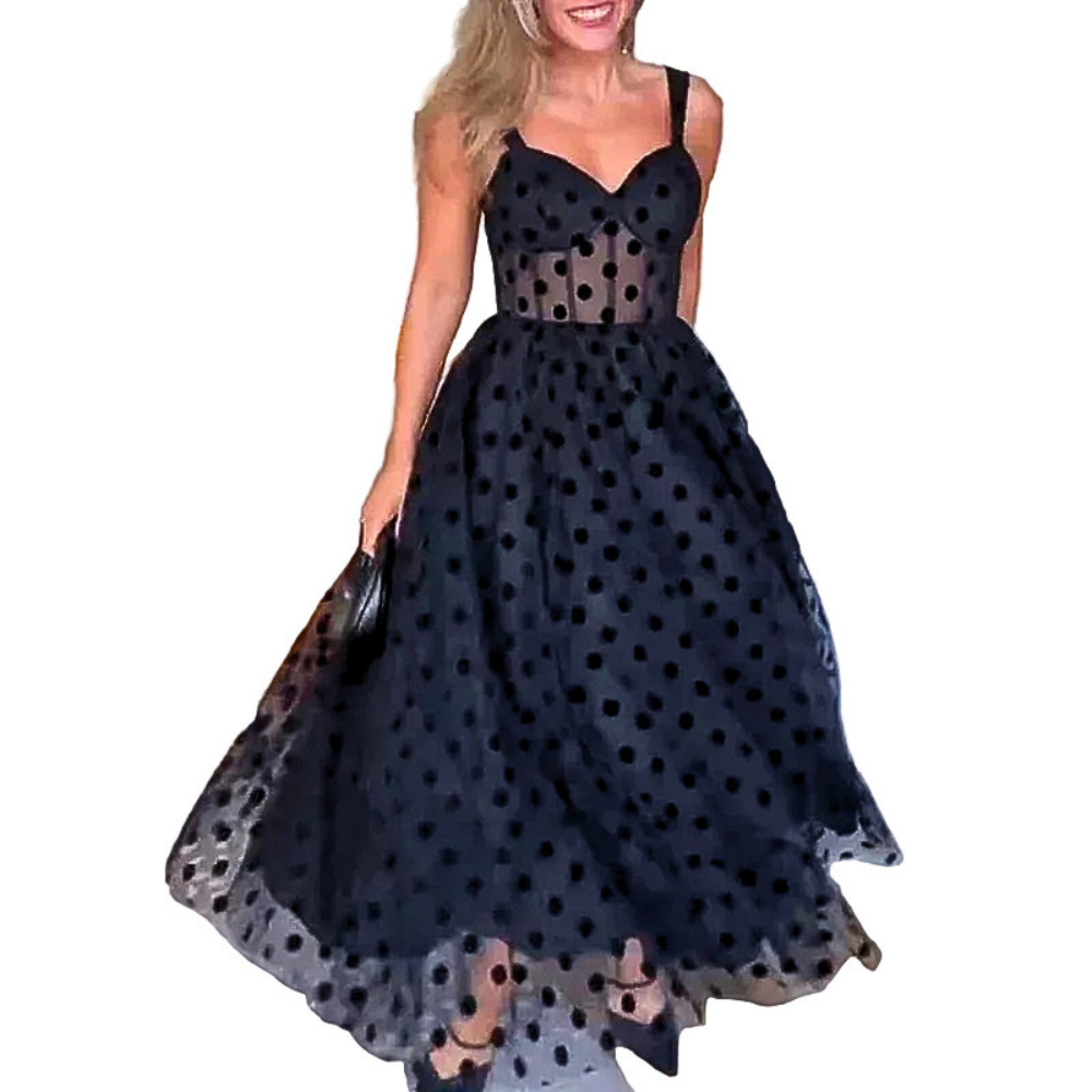 Black Midi Party Dress Polka Dot Tulle Mesh Sheer Sleeveless Ruffle High Waisted