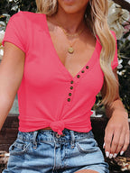 Women's Casual T-Shirt V-Neck Button Short Sleeve Summer Blouse S-3XL