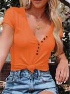 Women's Casual T-Shirt V-Neck Button Short Sleeve Summer Blouse S-3XL