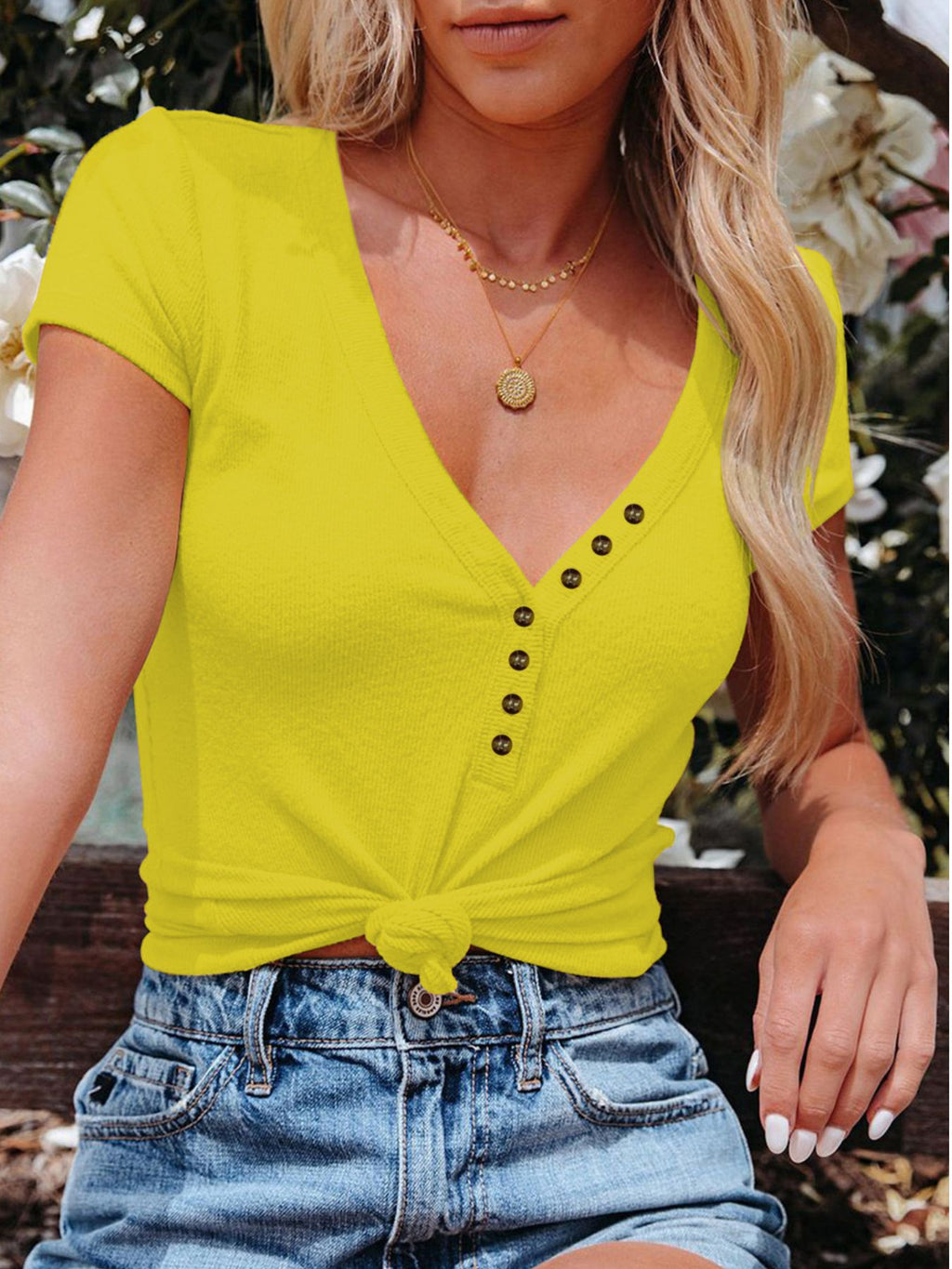 Women's Casual T-Shirt V-Neck Button Short Sleeve Summer Blouse S-3XL