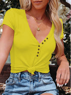 Women's Casual T-Shirt V-Neck Button Short Sleeve Summer Blouse S-3XL