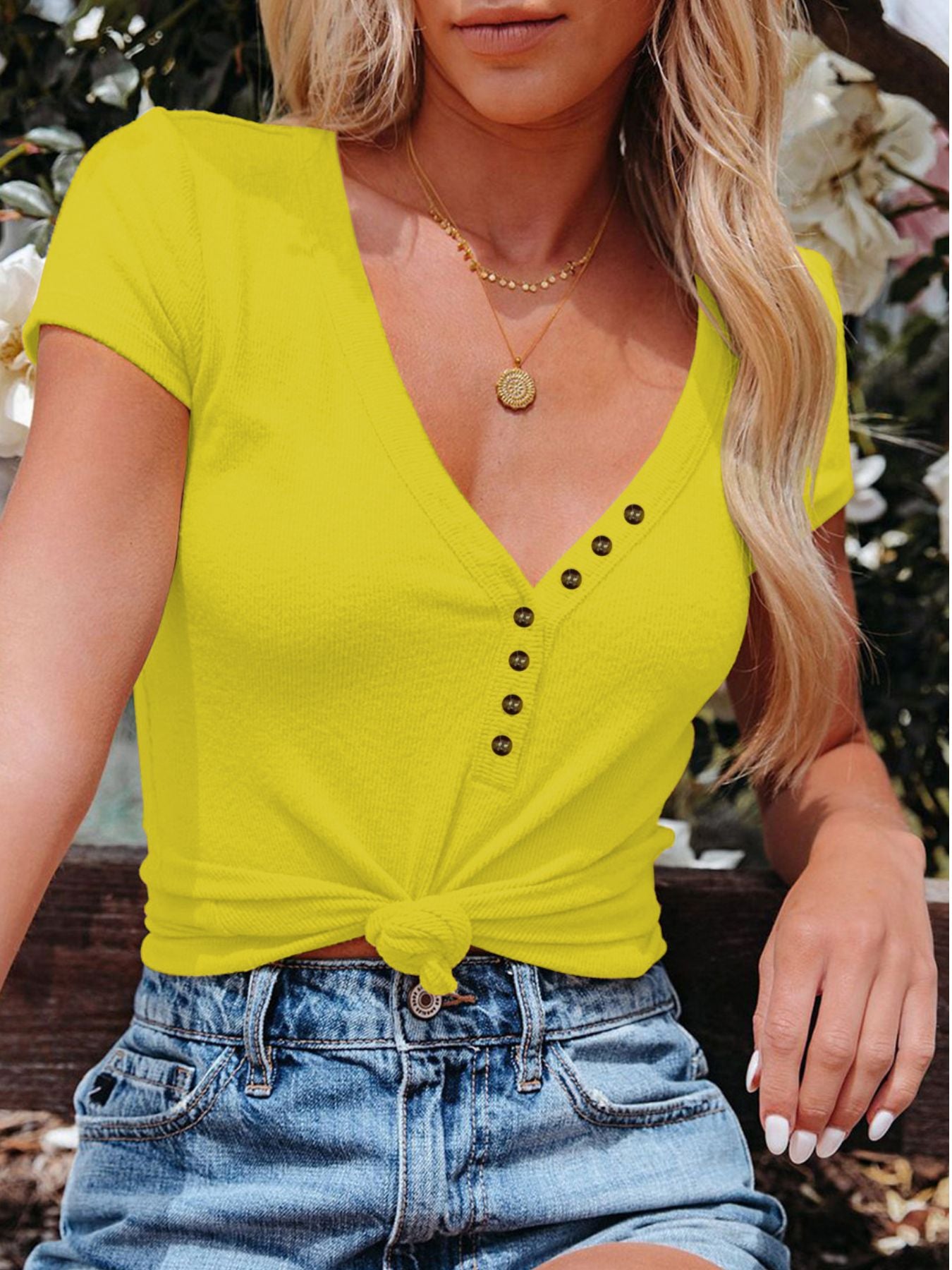 Women's Casual T-Shirt V-Neck Button Short Sleeve Summer Blouse S-3XL