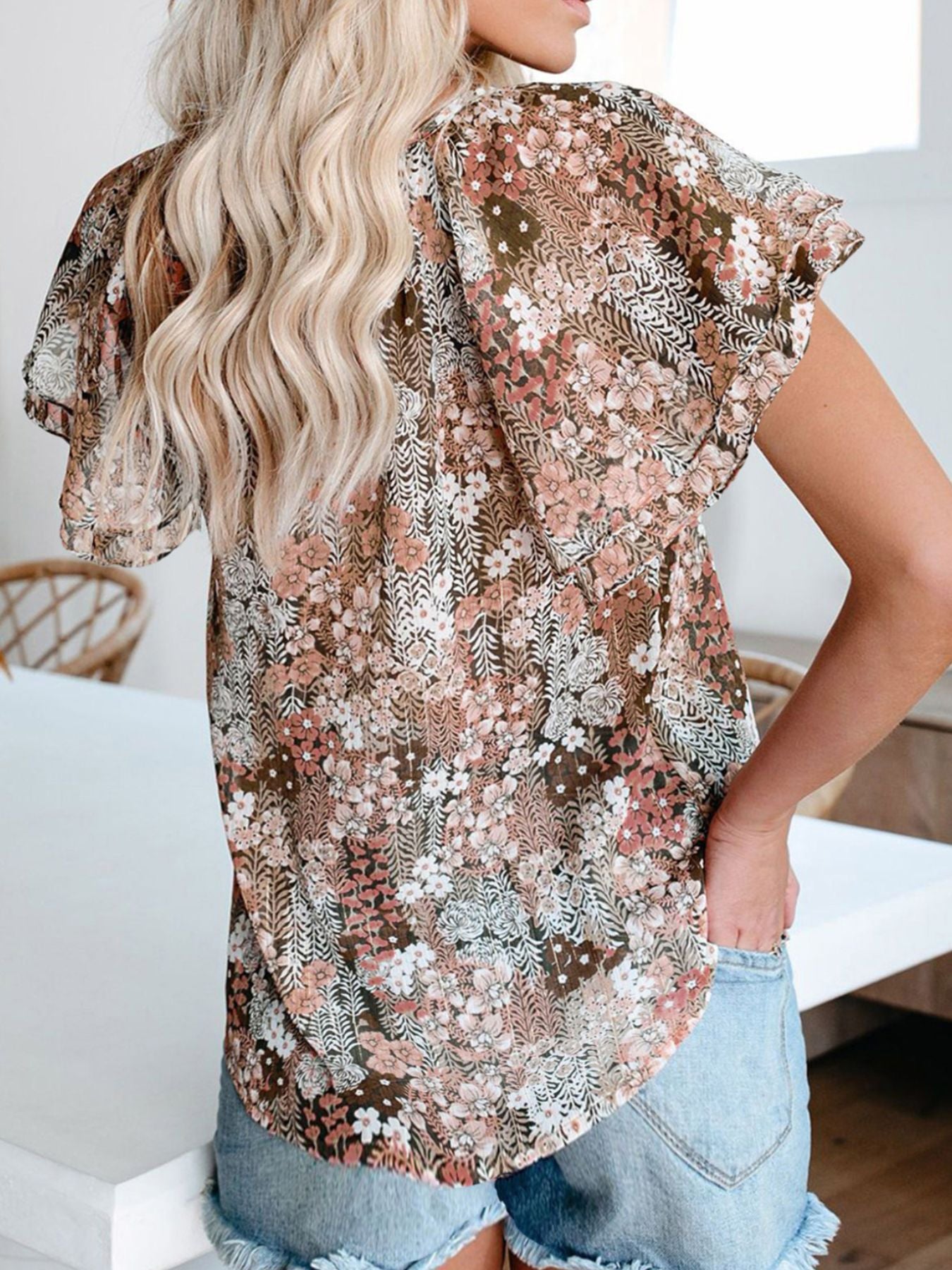 Women's Floral Blouse Caual V-Neck Tied Ruffle Short Sleeve Summer Top