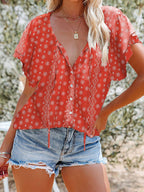 Women's Floral Blouse Caual V-Neck Tied Ruffle Short Sleeve Summer Top