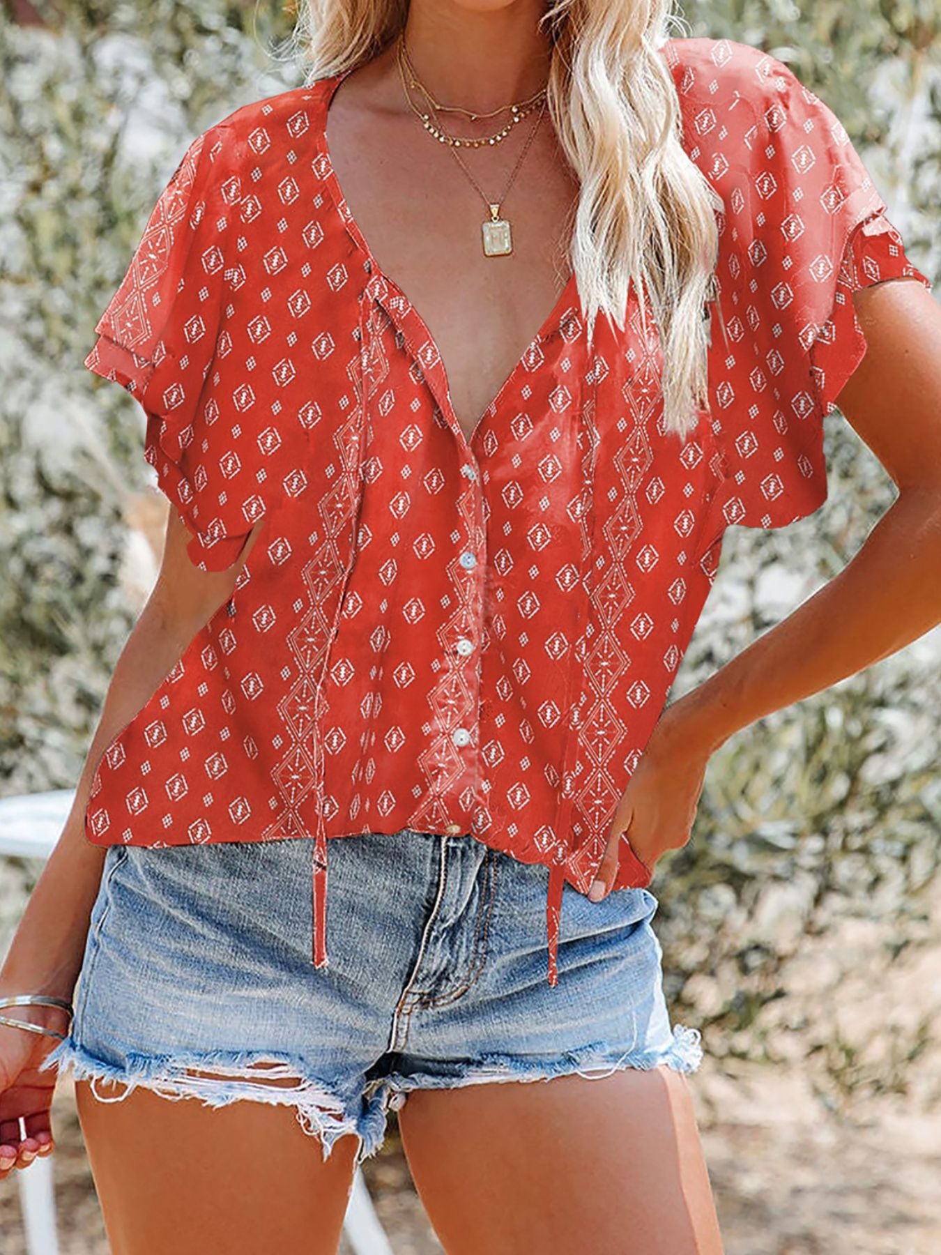 Women's Floral Blouse Caual V-Neck Tied Ruffle Short Sleeve Summer Top