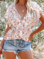 Women's Floral Blouse Caual V-Neck Tied Ruffle Short Sleeve Summer Top
