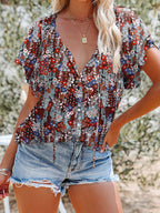 Women's Floral Blouse Caual V-Neck Tied Ruffle Short Sleeve Summer Top