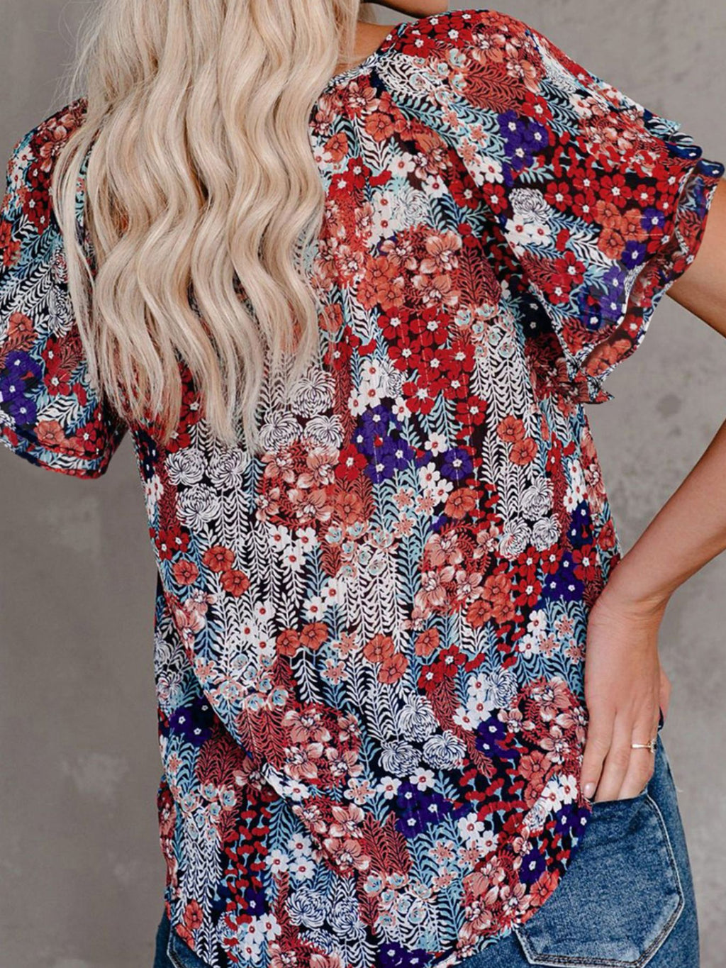 Women's Floral Blouse Caual V-Neck Tied Ruffle Short Sleeve Summer Top