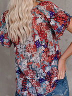 Women's Floral Blouse Caual V-Neck Tied Ruffle Short Sleeve Summer Top