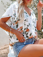 Women's Floral Blouse Caual V-Neck Tied Ruffle Short Sleeve Summer Top