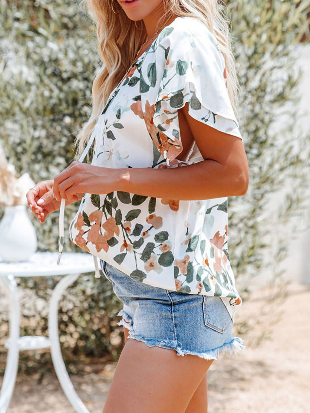 Women's Floral Blouse Caual V-Neck Tied Ruffle Short Sleeve Summer Top