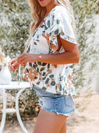 Women's Floral Blouse Caual V-Neck Tied Ruffle Short Sleeve Summer Top