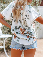 Women's Floral Blouse Caual V-Neck Tied Ruffle Short Sleeve Summer Top
