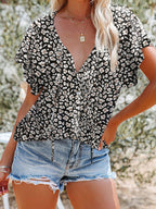 Women's Floral Blouse Caual V-Neck Tied Ruffle Short Sleeve Summer Top