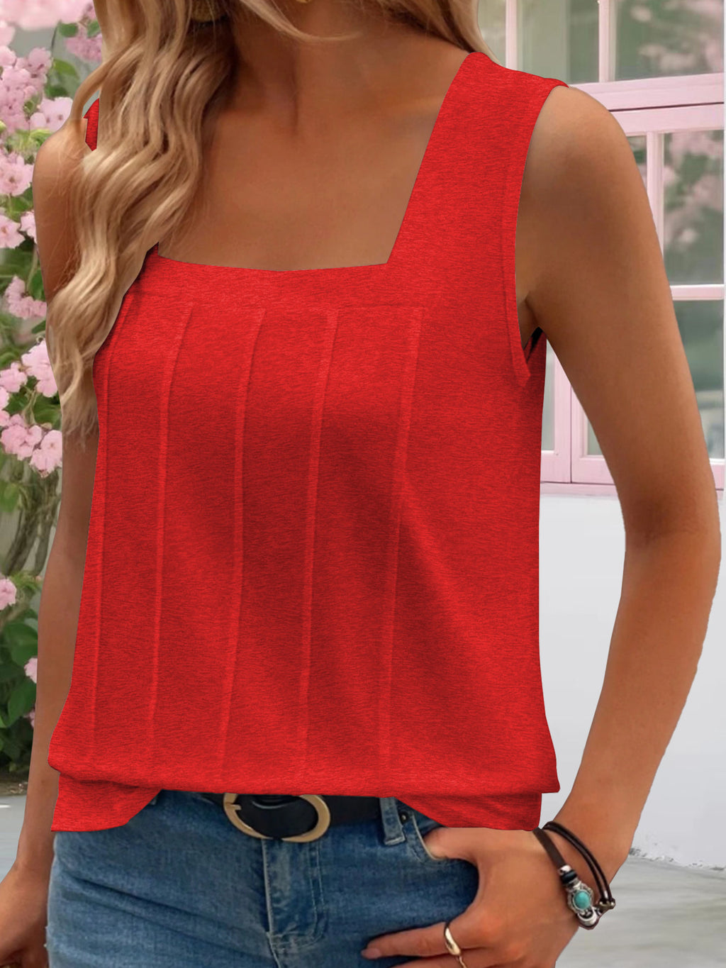 Women's Sleeveless Tank Top Square Neck Stripe Texture Summer Blouse