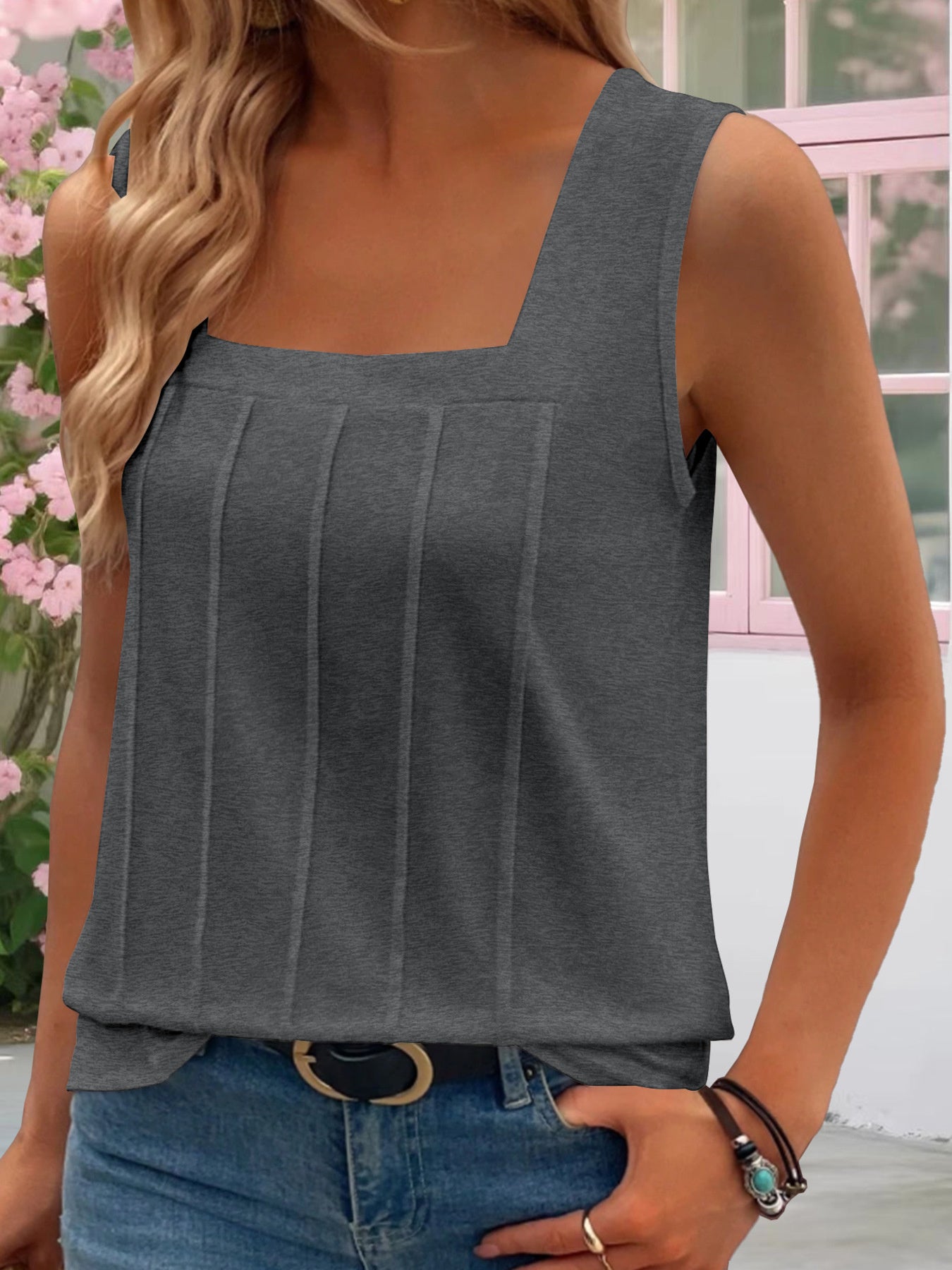Women's Sleeveless Tank Top Square Neck Stripe Texture Summer Blouse