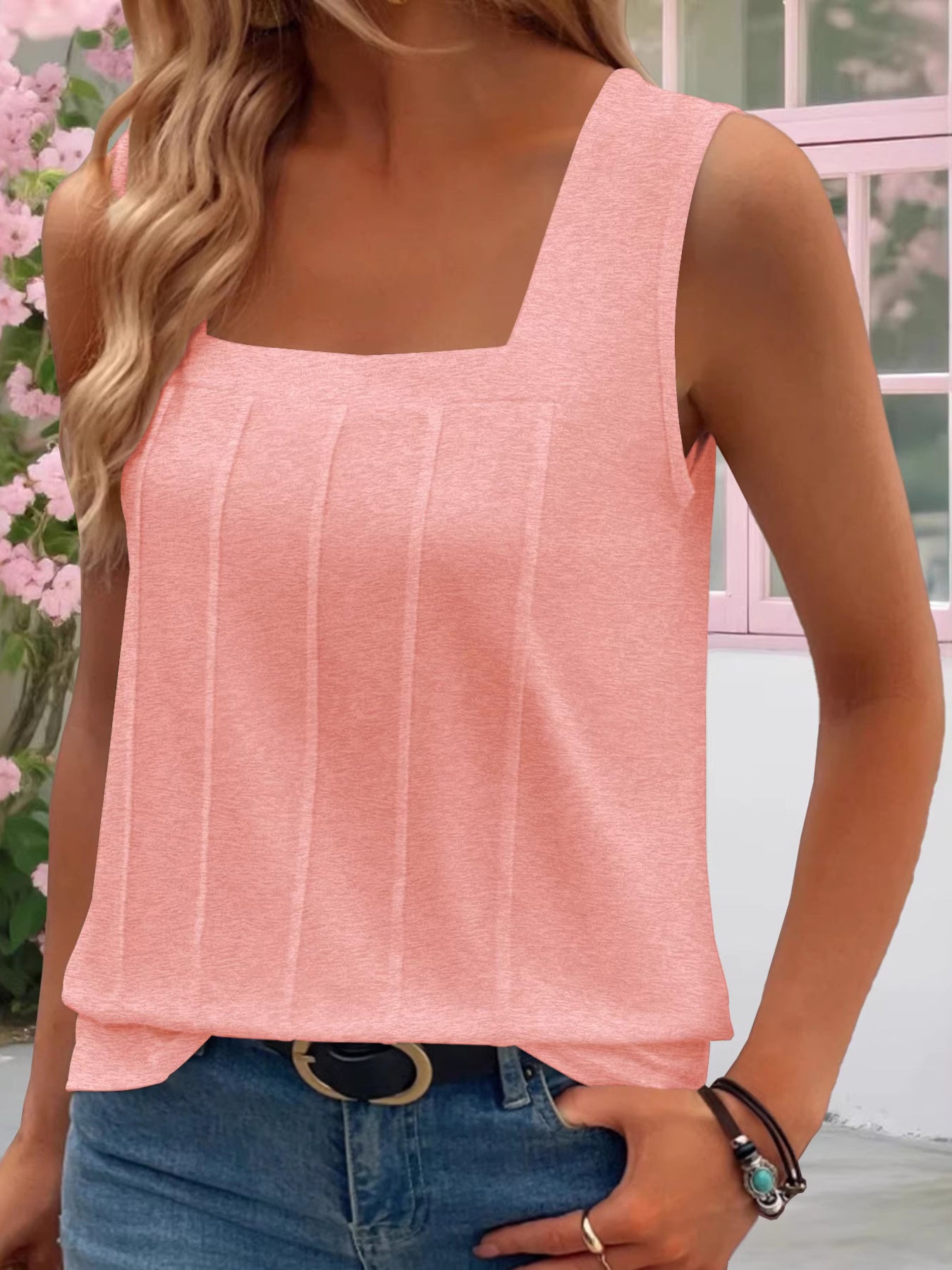 Women's Sleeveless Tank Top Square Neck Stripe Texture Summer Blouse