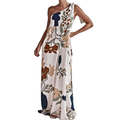 Bohemian Summer Maxi Dress Floral One-Shoulder Bow Tie Loose Pocketd