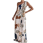 Bohemian Summer Maxi Dress Floral One-Shoulder Bow Tie Loose Pocketd
