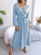 Midi Dress Pleated A-Line V-Neck Belted Long Sleeve Elegant Party Dresses