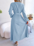 Midi Dress Pleated A-Line V-Neck Belted Long Sleeve Elegant Party Dresses
