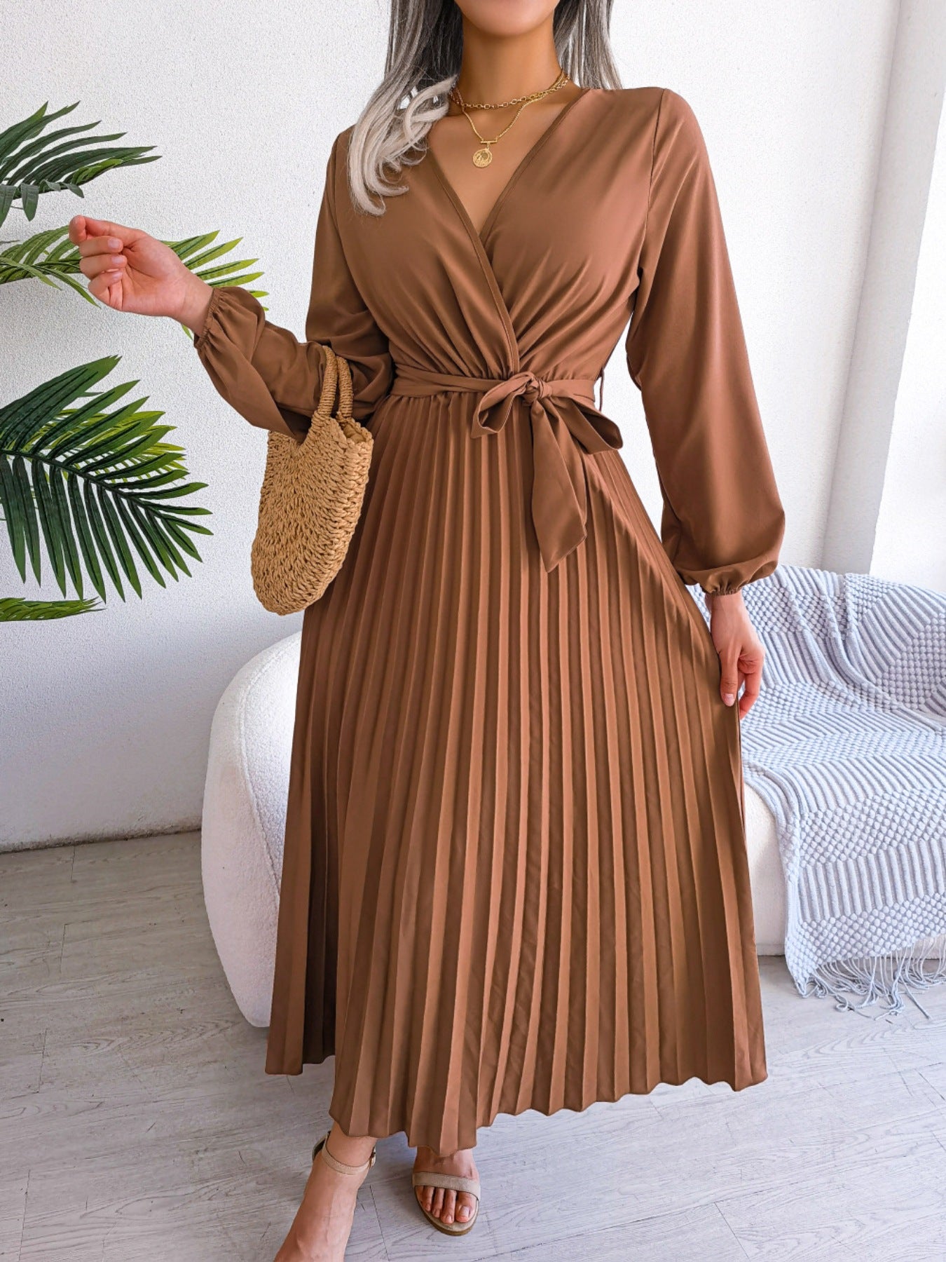 Midi Dress Pleated A-Line V-Neck Belted Long Sleeve Elegant Party Dresses