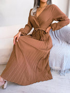 Midi Dress Pleated A-Line V-Neck Belted Long Sleeve Elegant Party Dresses