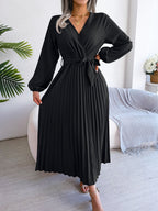 Midi Dress Pleated A-Line V-Neck Belted Long Sleeve Elegant Party Dresses