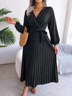 Midi Dress Pleated A-Line V-Neck Belted Long Sleeve Elegant Party Dresses