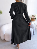 Midi Dress Pleated A-Line V-Neck Belted Long Sleeve Elegant Party Dresses
