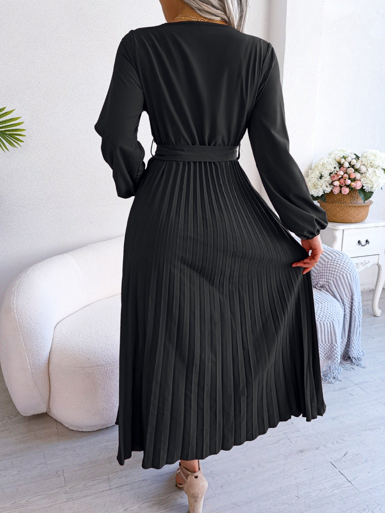 Midi Dress Pleated A-Line V-Neck Belted Long Sleeve Elegant Party Dresses