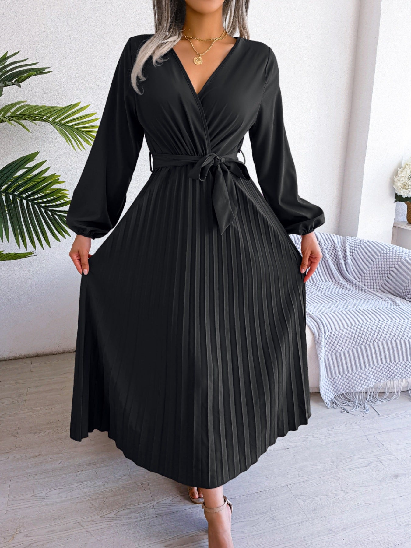 Midi Dress Pleated A-Line V-Neck Belted Long Sleeve Elegant Party Dresses
