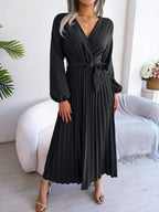 Midi Dress Pleated A-Line V-Neck Belted Long Sleeve Elegant Party Dresses