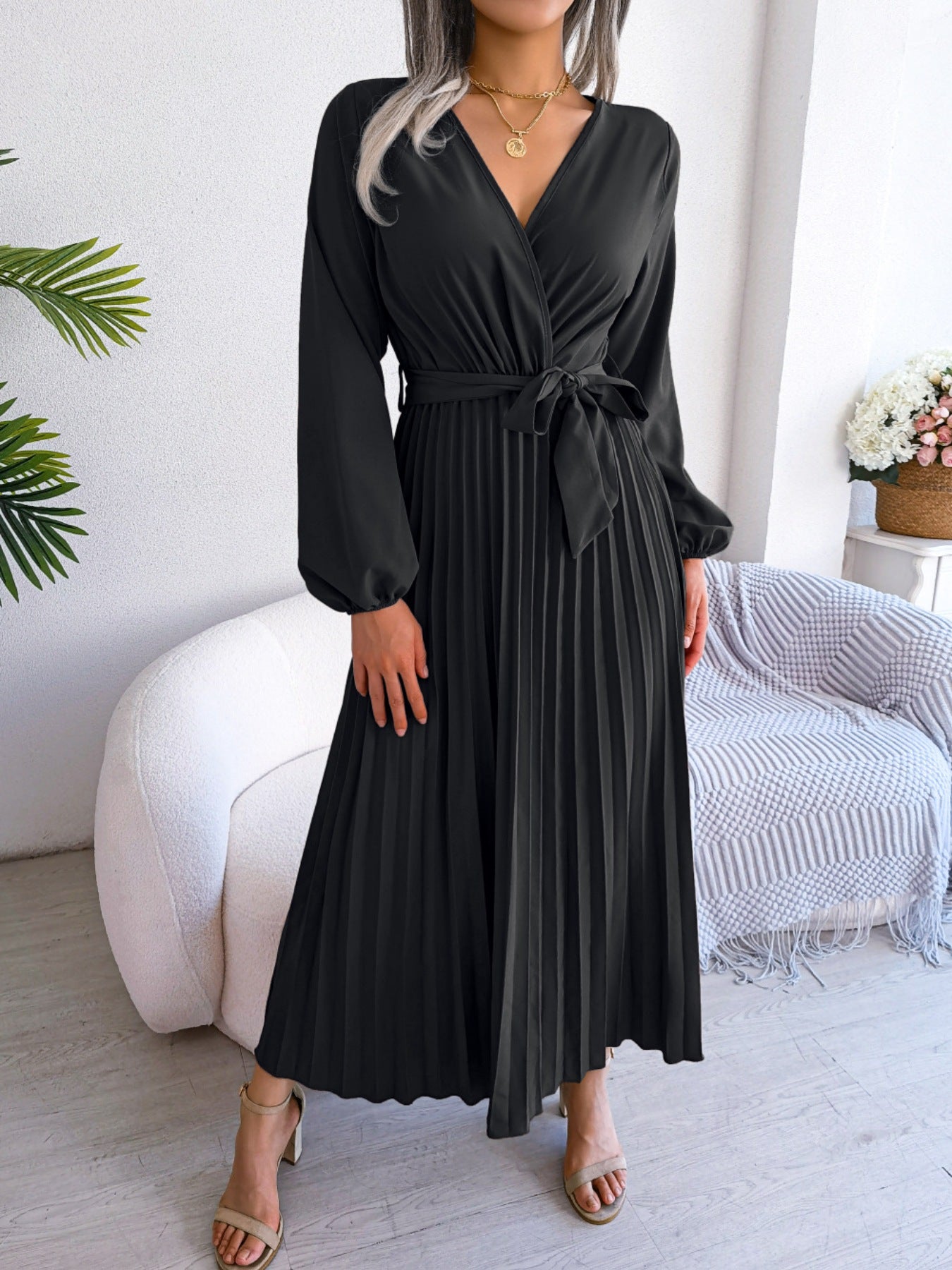 Midi Dress Pleated A-Line V-Neck Belted Long Sleeve Elegant Party Dresses