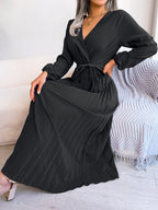 Midi Dress Pleated A-Line V-Neck Belted Long Sleeve Elegant Party Dresses