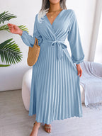 Midi Dress Pleated A-Line V-Neck Belted Long Sleeve Elegant Party Dresses