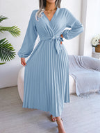 Midi Dress Pleated A-Line V-Neck Belted Long Sleeve Elegant Party Dresses