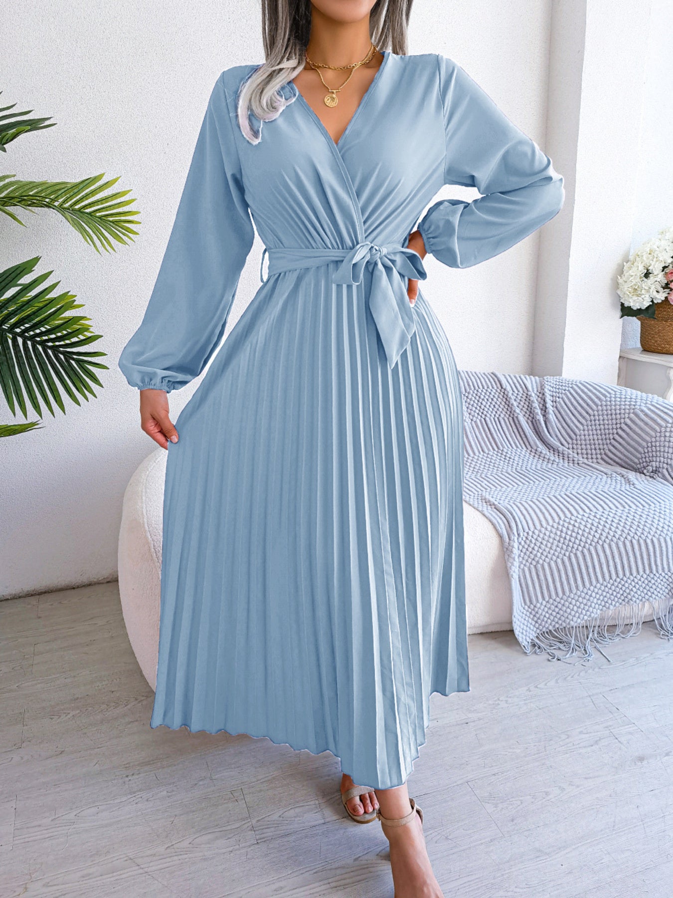 Midi Dress Pleated A-Line V-Neck Belted Long Sleeve Elegant Party Dresses