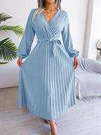 Midi Dress Pleated A-Line V-Neck Belted Long Sleeve Elegant Party Dresses