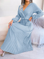 Midi Dress Pleated A-Line V-Neck Belted Long Sleeve Elegant Party Dresses