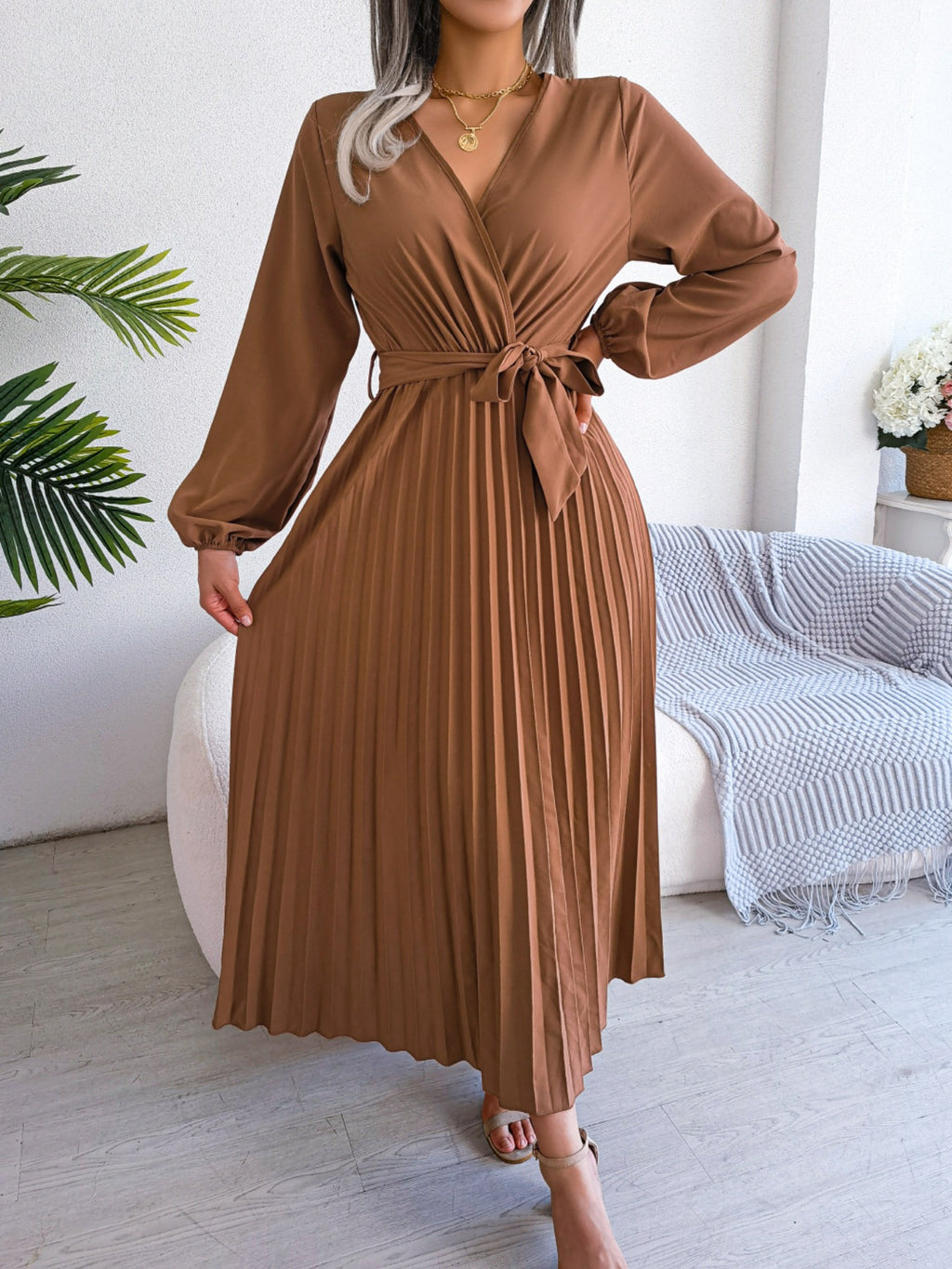 Midi Dress Pleated A-Line V-Neck Belted Long Sleeve Elegant Party Dresses
