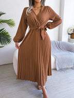 Midi Dress Pleated A-Line V-Neck Belted Long Sleeve Elegant Party Dresses