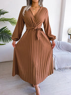 Midi Dress Pleated A-Line V-Neck Belted Long Sleeve Elegant Party Dresses