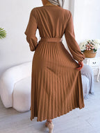 Midi Dress Pleated A-Line V-Neck Belted Long Sleeve Elegant Party Dresses