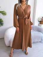 Midi Dress Pleated A-Line V-Neck Belted Long Sleeve Elegant Party Dresses