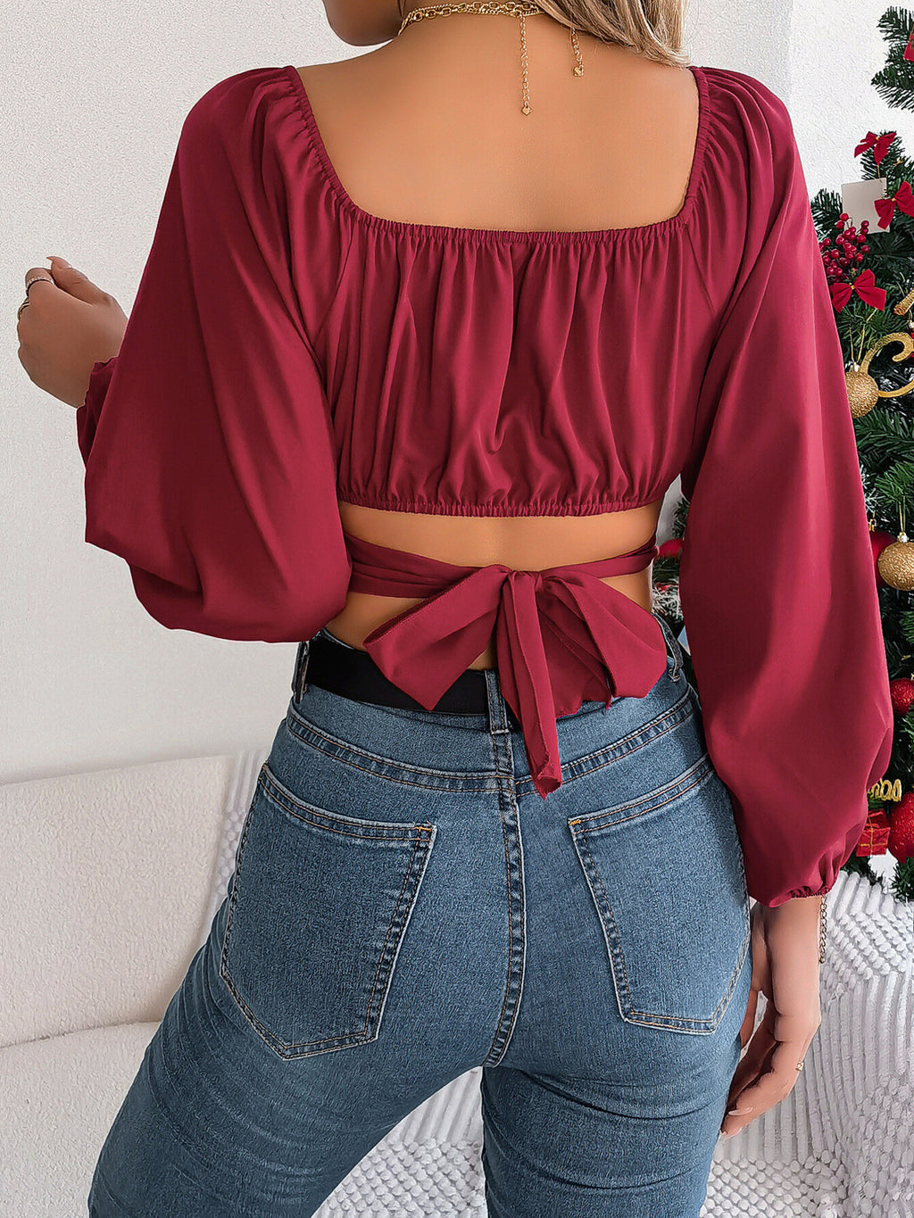 Women's Blouse Cropped Back Tied Ruched Sqoop Neck Long Sleeve Elegant Top