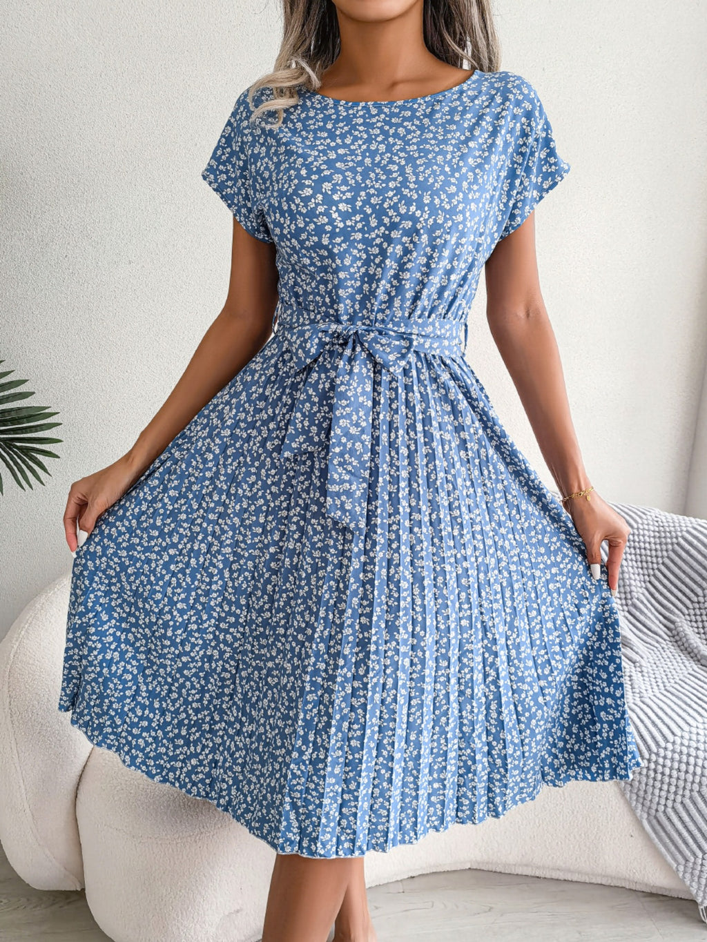 Midi Dress Floral A-Line Pleated Belted Casual Round Neck Short Dolman Sleeve