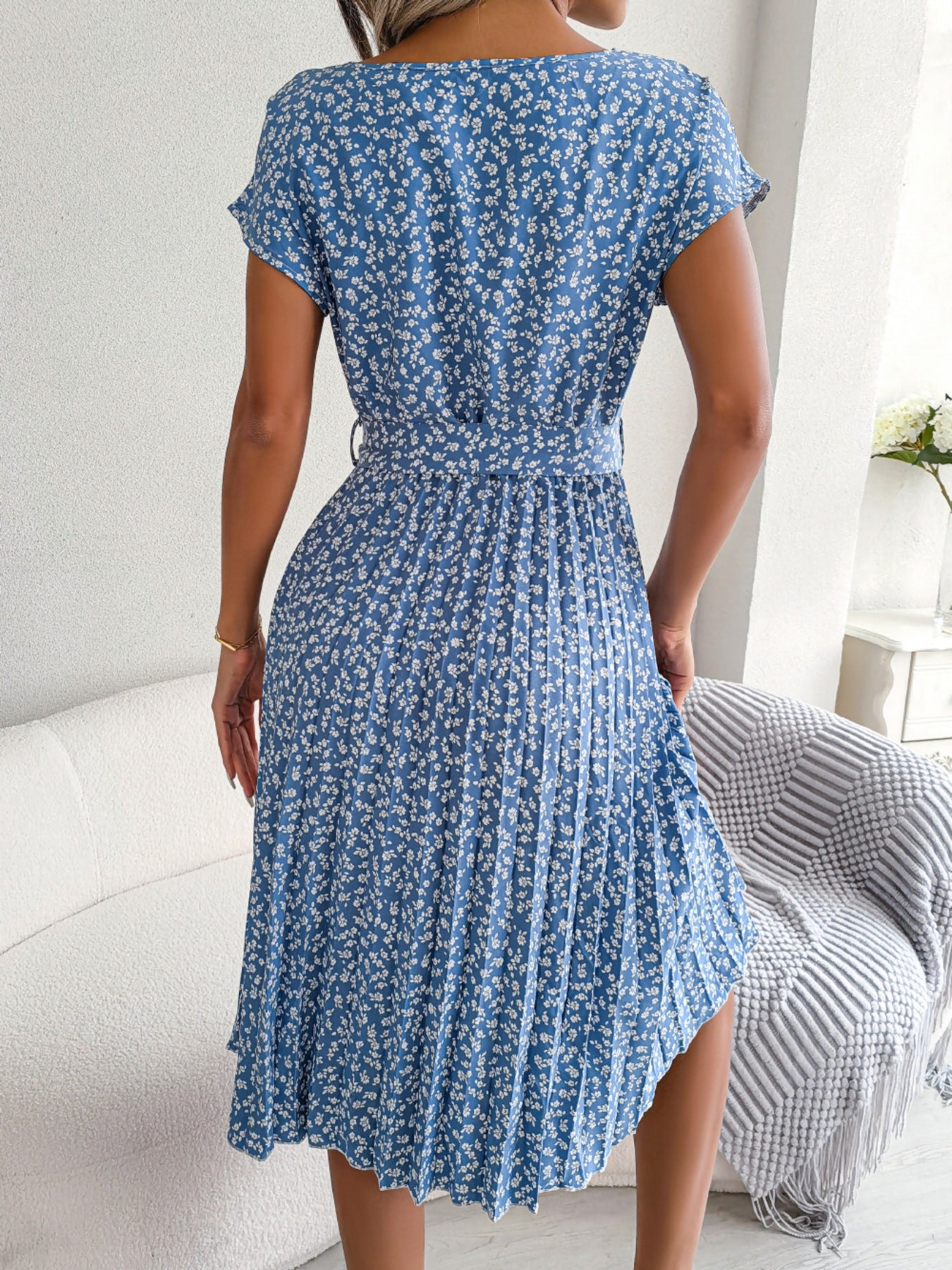 Midi Dress Floral A-Line Pleated Belted Casual Round Neck Short Dolman Sleeve