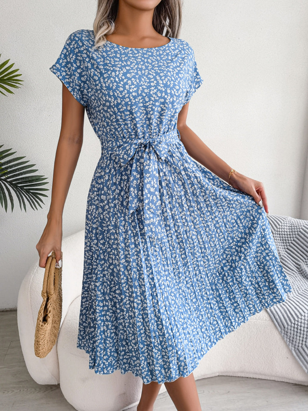 Midi Dress Floral A-Line Pleated Belted Casual Round Neck Short Dolman Sleeve